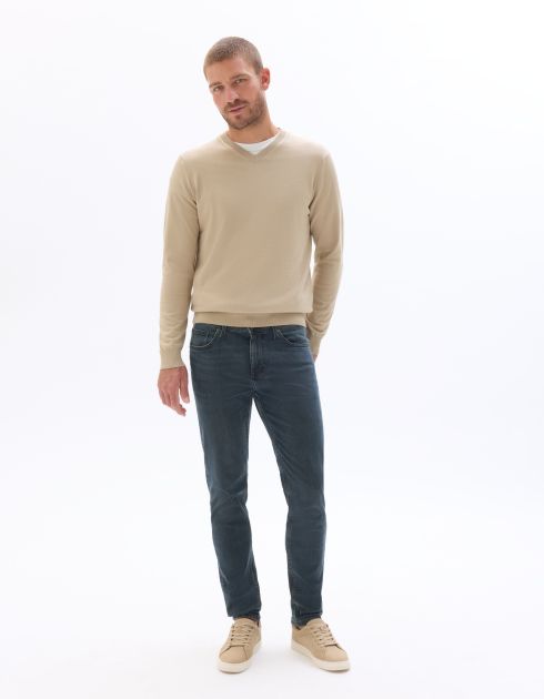K.02v Pull Col V uni en maille fine - beige clair