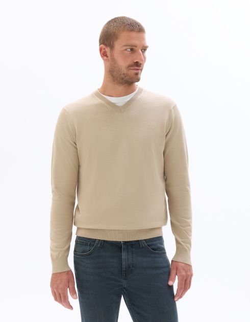 K.02v Pull Col V uni en maille fine - beige clair