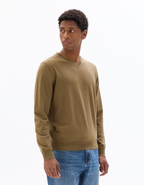 K.02v Pull Col V uni en maille fine - gris vert