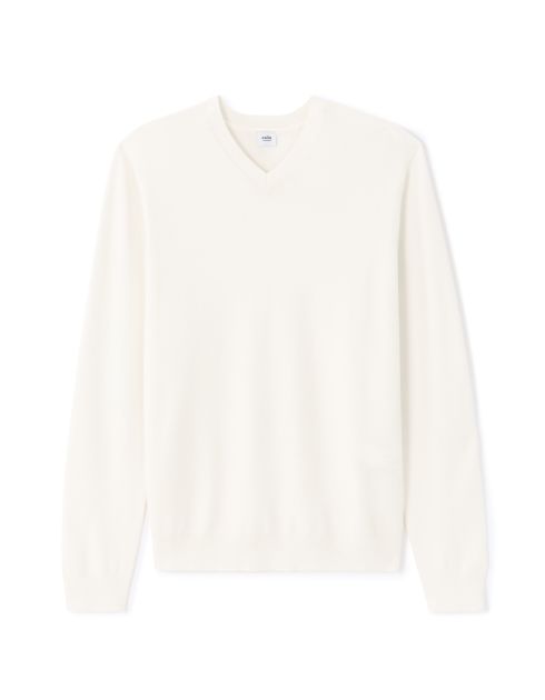 Pull col V unie en maille fine - blanc