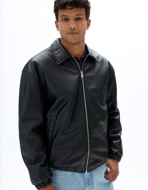 Blouson en faux-daim col chemise - noir