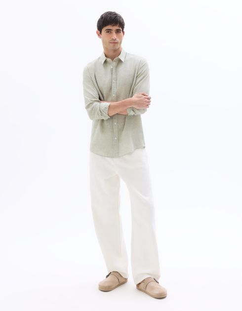 Chemise regular à col français en lin et coton - vert clair
