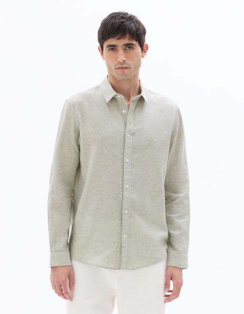 Chemise regular à col français en lin et coton - vert clair