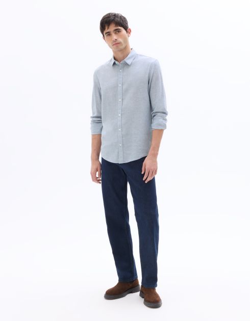 Chemise regular à col français en lin et coton - bleu