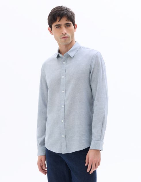 Chemise regular à col français en lin et coton - bleu
