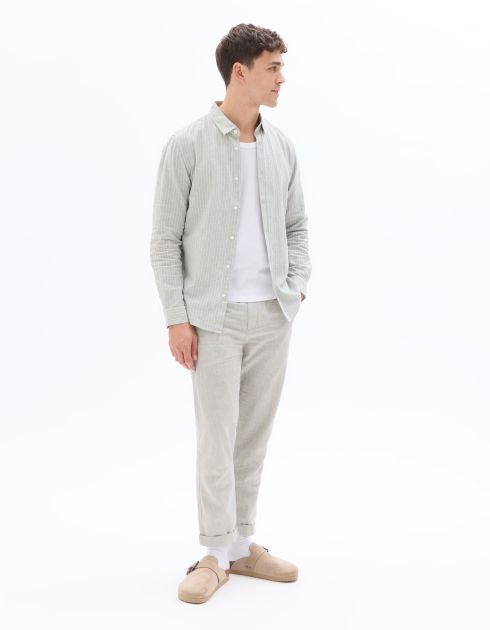 Chemise regular à col français en lin et coton - vert rayée