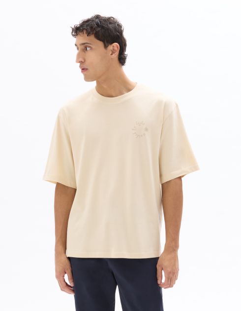 T-shirt oversize col rond 100% coton imprimé naïf - beige