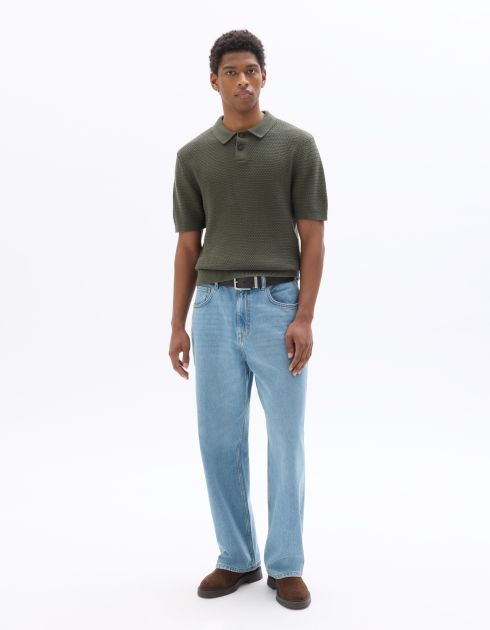Polo regular 100% coton en maille gaufré - vert kaki