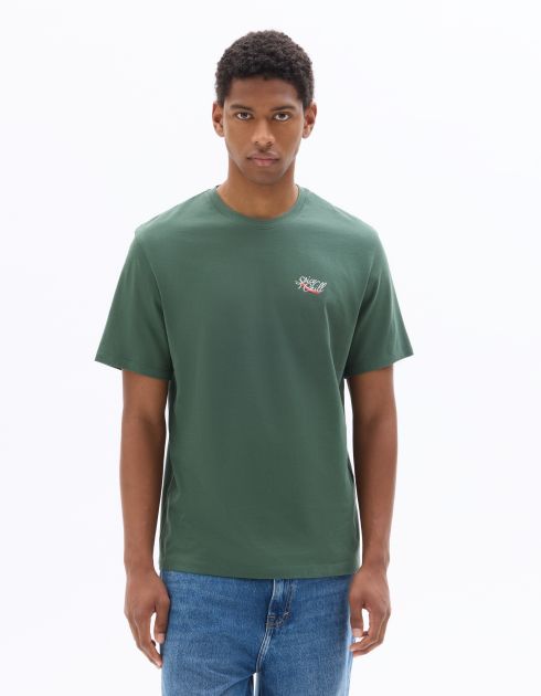 T-shirt boxy col rond 100% coton imprimé nature morte - vert