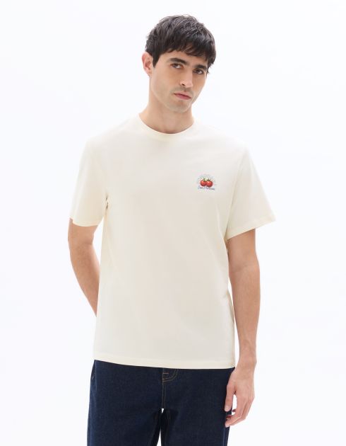 T-Shirt boxy col rond 100% coton imprimé tomate - beige