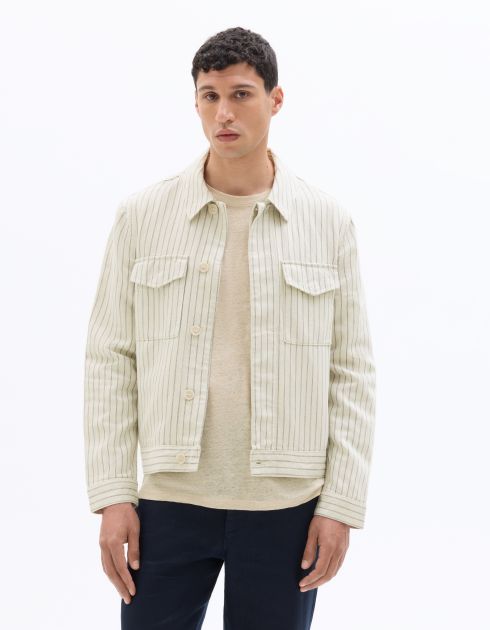 Veste trucker en lin et coton rayé - beige