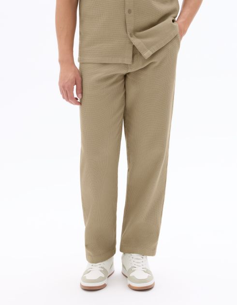 Pantalon straight 100% coton effet nid d'abeille - beige