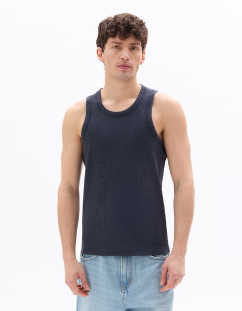 Débardeur slim côtelé et délavé en coton stretch - marine