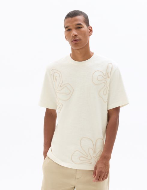 T-shirt boxy col rond 100% coton broderies fleurs - blanc