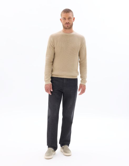Pull regular col rond effet gauffré - beige