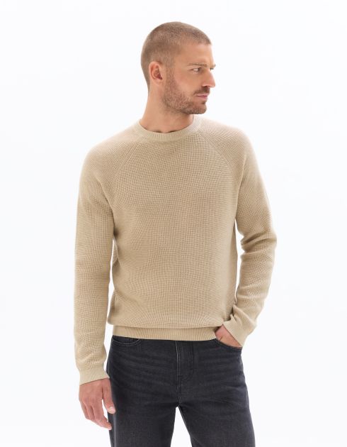 Pull regular col rond effet gauffré - beige