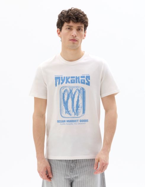 T-shirt regular col rond 100% coton imprimé Mykonos - beige