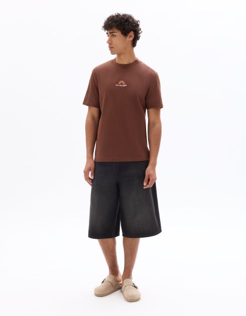 T-shirt boxy col rond 100% coton imprimé Sun and Shine - marron