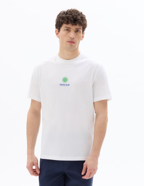 T-shirt boxy col rond 100% coton imprimé Pacific Blue - blanc
