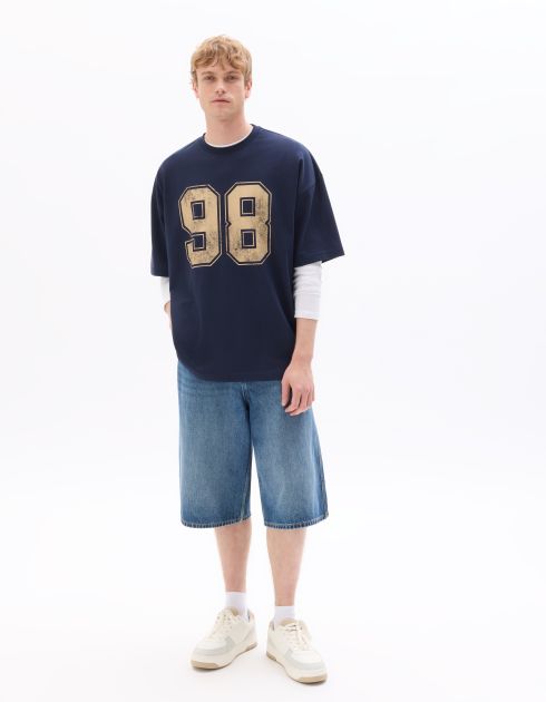T-shirt oversize col rond 100% coton imprimé 98 - marine