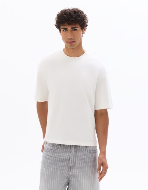 T-shirt boxy cropped col rond 100% coton - blanc
