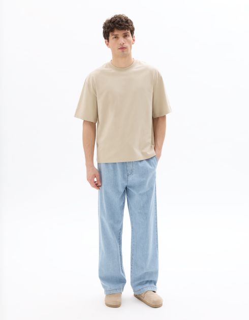 T-shirt boxy cropped col rond 100% coton - beige clair