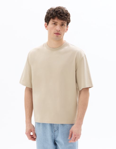 T-shirt boxy cropped col rond 100% coton - beige clair