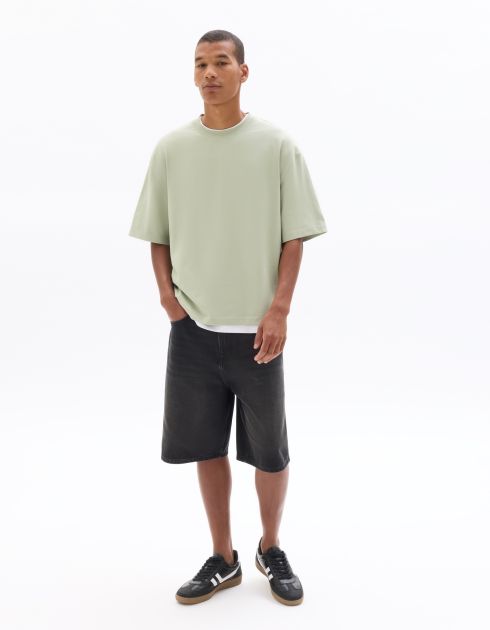 T-shirt boxy cropped col rond 100% coton - vert clair