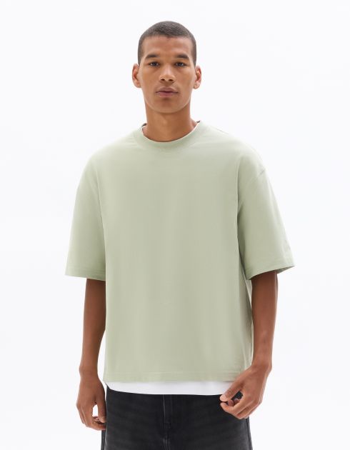 T-shirt boxy cropped col rond 100% coton - vert clair