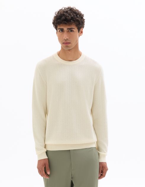 Pull col rond 100% coton motif chevron - blanc