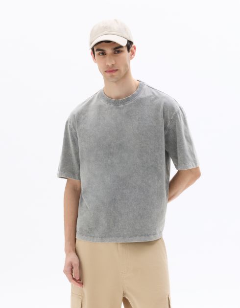 T-shirt boxy col rond 100% coton Tye and Dye - gris clair