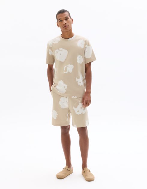 T-shirt boxy col rond 100% coton imprimé floral - taupe clair