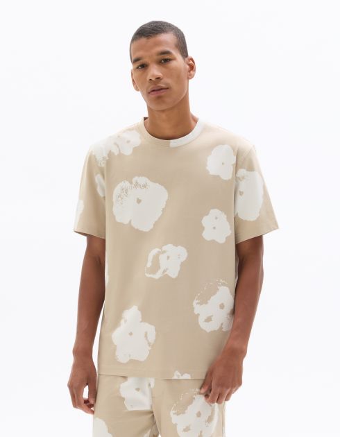 T-shirt boxy col rond 100% coton imprimé floral - taupe clair