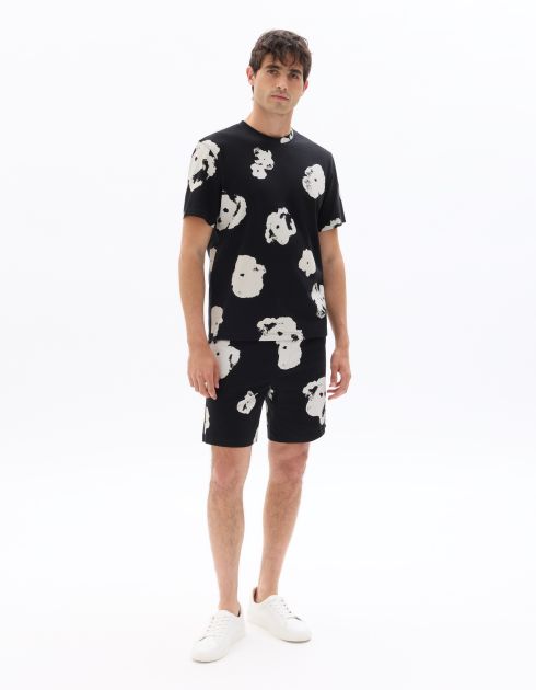 T-shirt boxy col rond 100% coton imprimé floral - noir