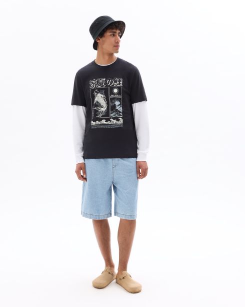 Bermuda jean 100% coton taille élastiquée - bleu clair