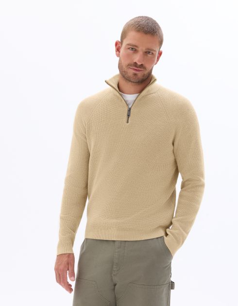 Pull col zippé effet gaufré - beige