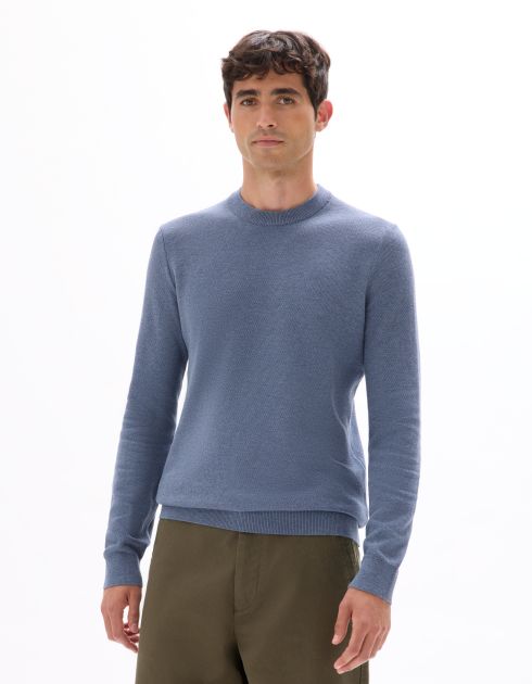 Pull col rond 100% coton piqué - bleu moyen