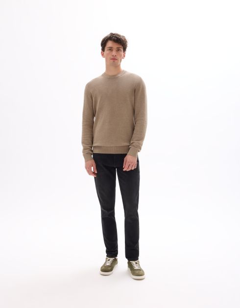 Pull col rond 100% coton piqué - beige foncé