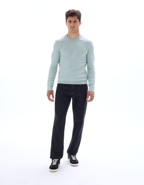 Pull col rond 100% coton piqué - bleu vert