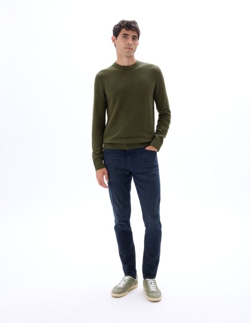 Pull col rond 100% coton piqué - kaki