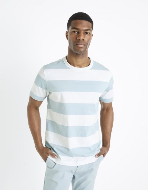 T-shirt col rond 100% coton marinière - turquoise