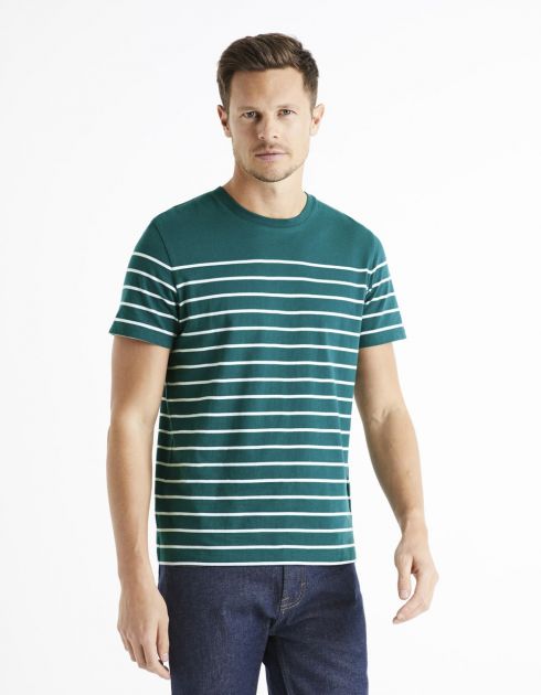 T-shirt col rond marinière 100% coton - vert