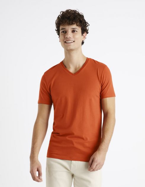 T-shirt col V coton stretch - terracotta